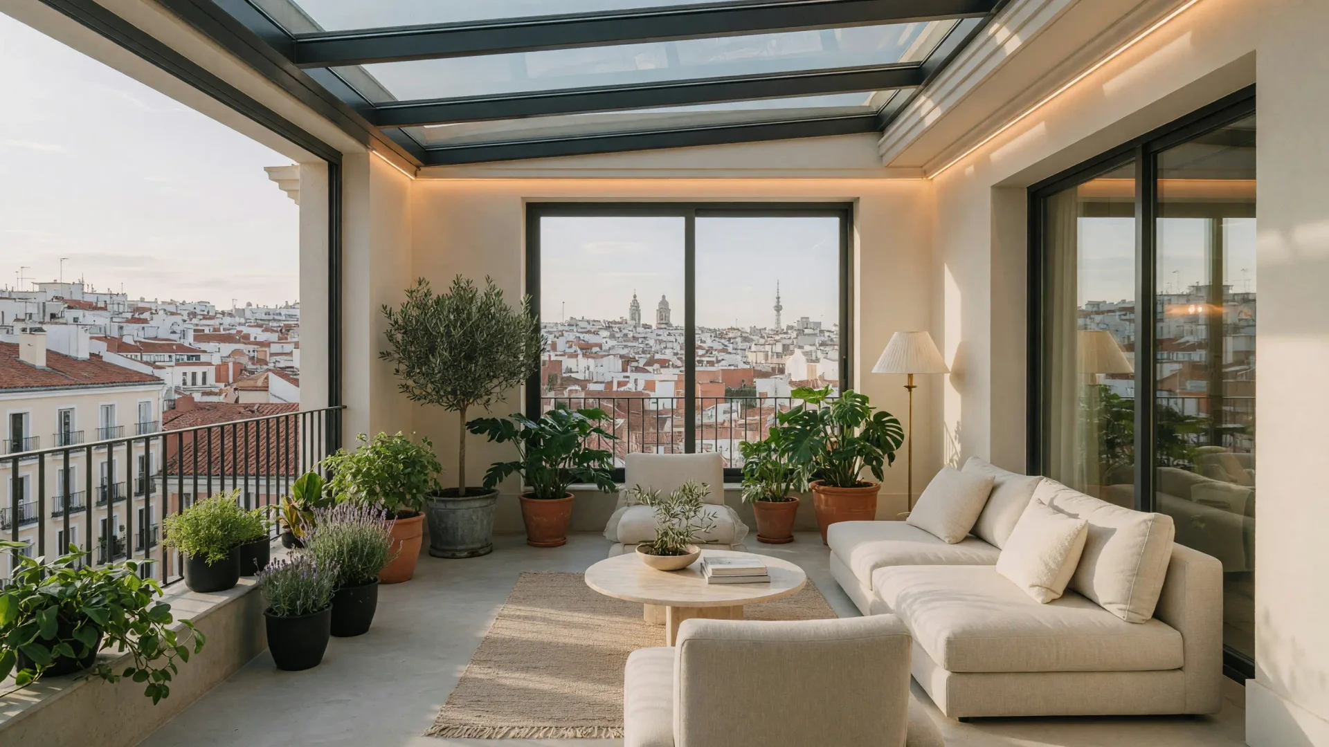 Galería acristalada de una vivienda de lujo con vistas a los tejados de Madrid